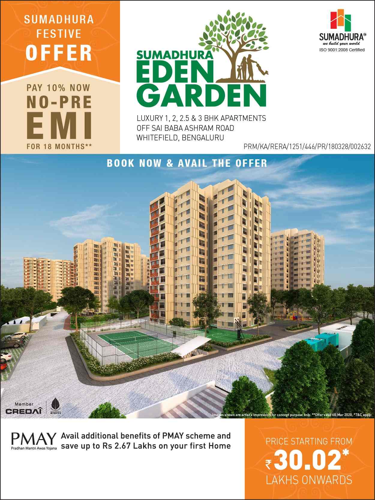 Pay 10% now and no pre-EMI for 18 months at Sumadhura Eden Garden in Bangalore